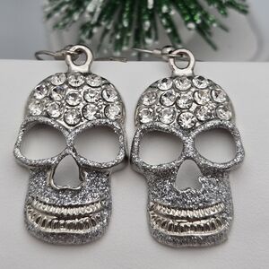 ✨2/$10✨ Silver Tone Crystal Skull Dangle Earrings Gothic Punk Statement